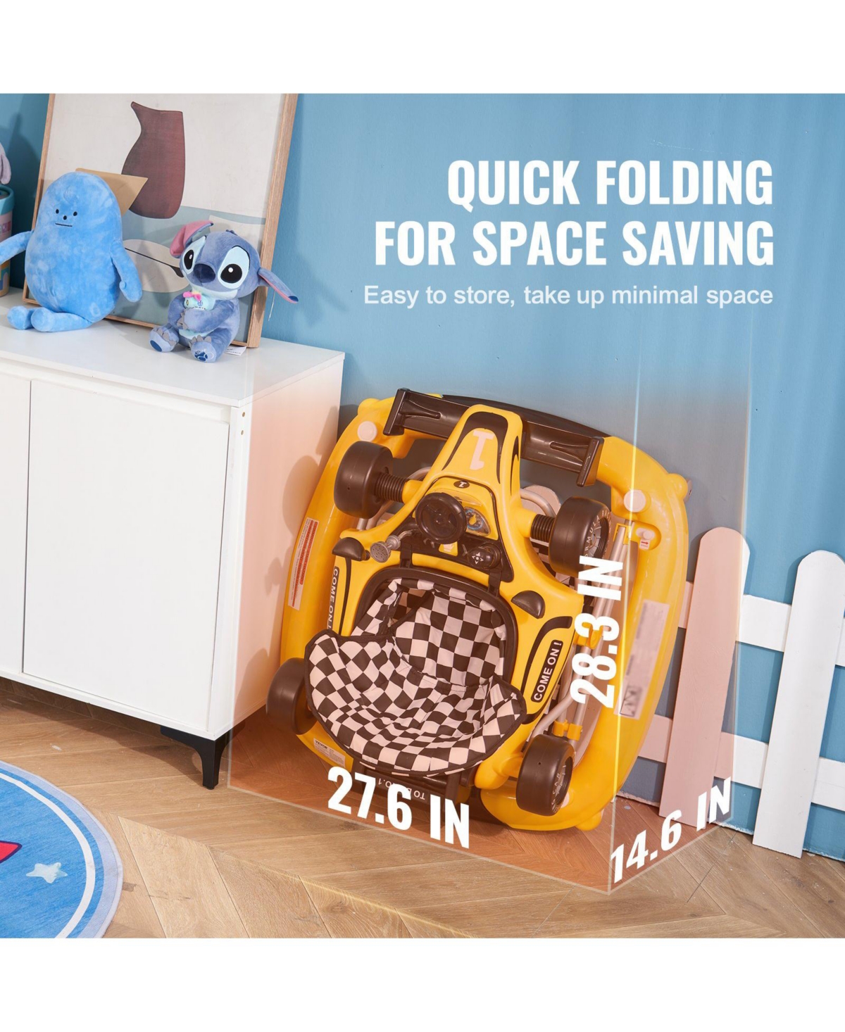 Slickblue Kids 4-in-1 Foldable Walker Activity Center with Wheels Adjustable Height Light Toy Car