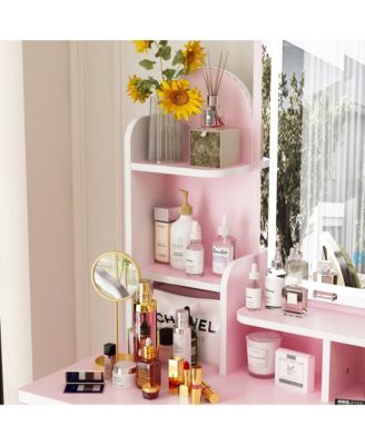 5-Drawer Vanity Set with LED Mirror, Cushioned Stool, and 3-Tier Storage Shelves – Pink MDF Dressing Table