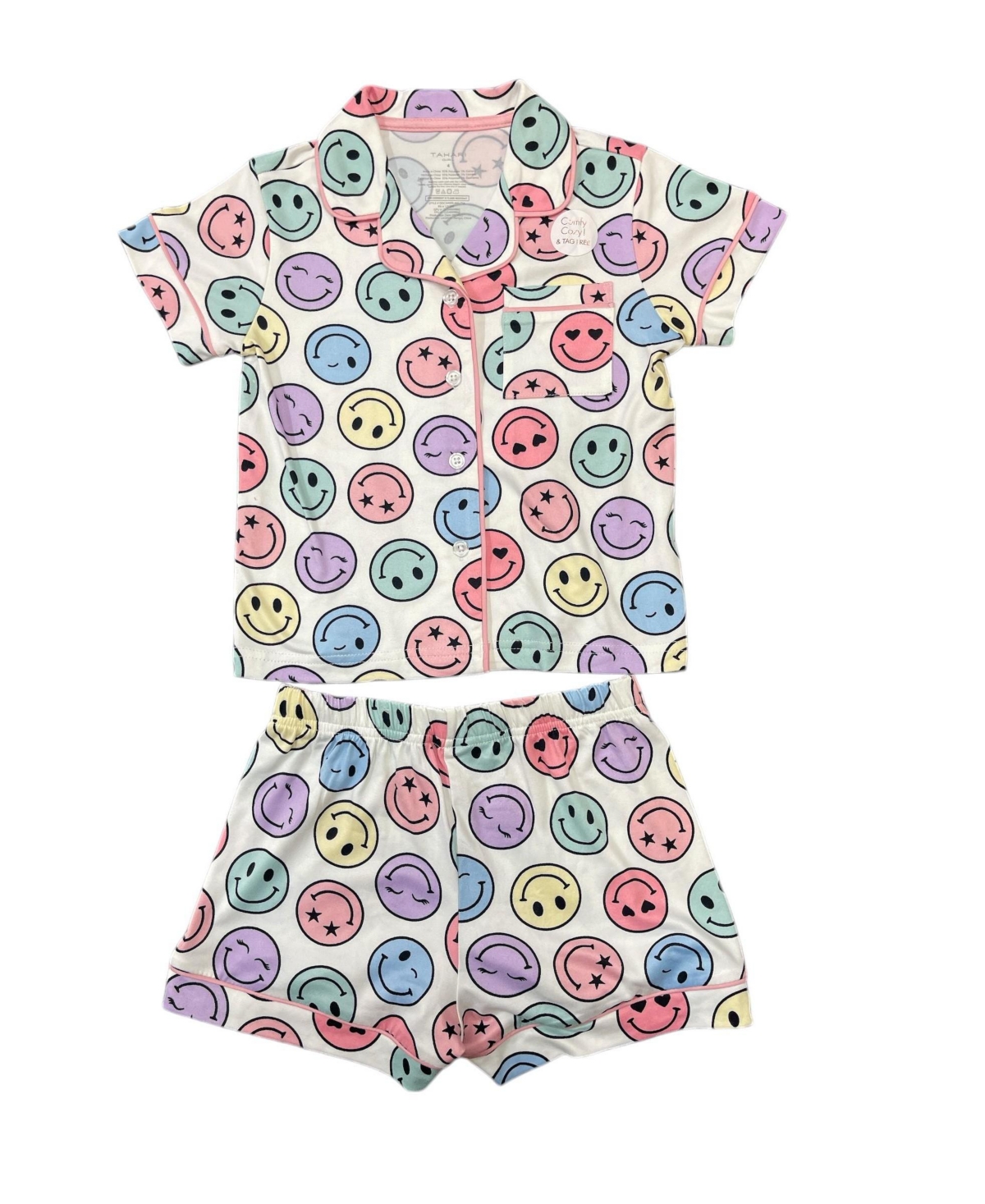Tahari Girls 3-Piece Pajama Set with Short Sleeve Notch Collar Top, Elastic Waistband Pants, and Shorts Scrunchie