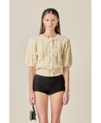 Women's Cable Puff Sleeve Knit With Pearl Bow