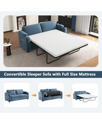 72.8" Corduroy Sleeper Sofa Loveseat Sofa with Full Size Mattress, Two USB Ports, Two Cup Holders, Two Side Pockets and a Phone Holder