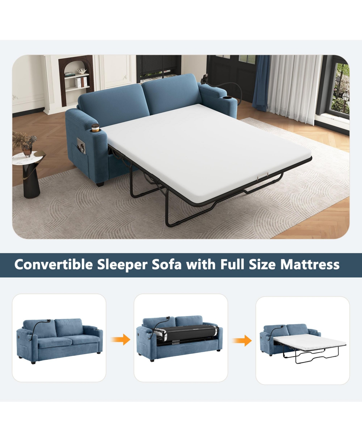 Boyel Living 72.8" Corduroy Sleeper Sofa Loveseat with Full Mattress, Two Usb Ports, Cup Holders, Side Pockets and a Phone Holder