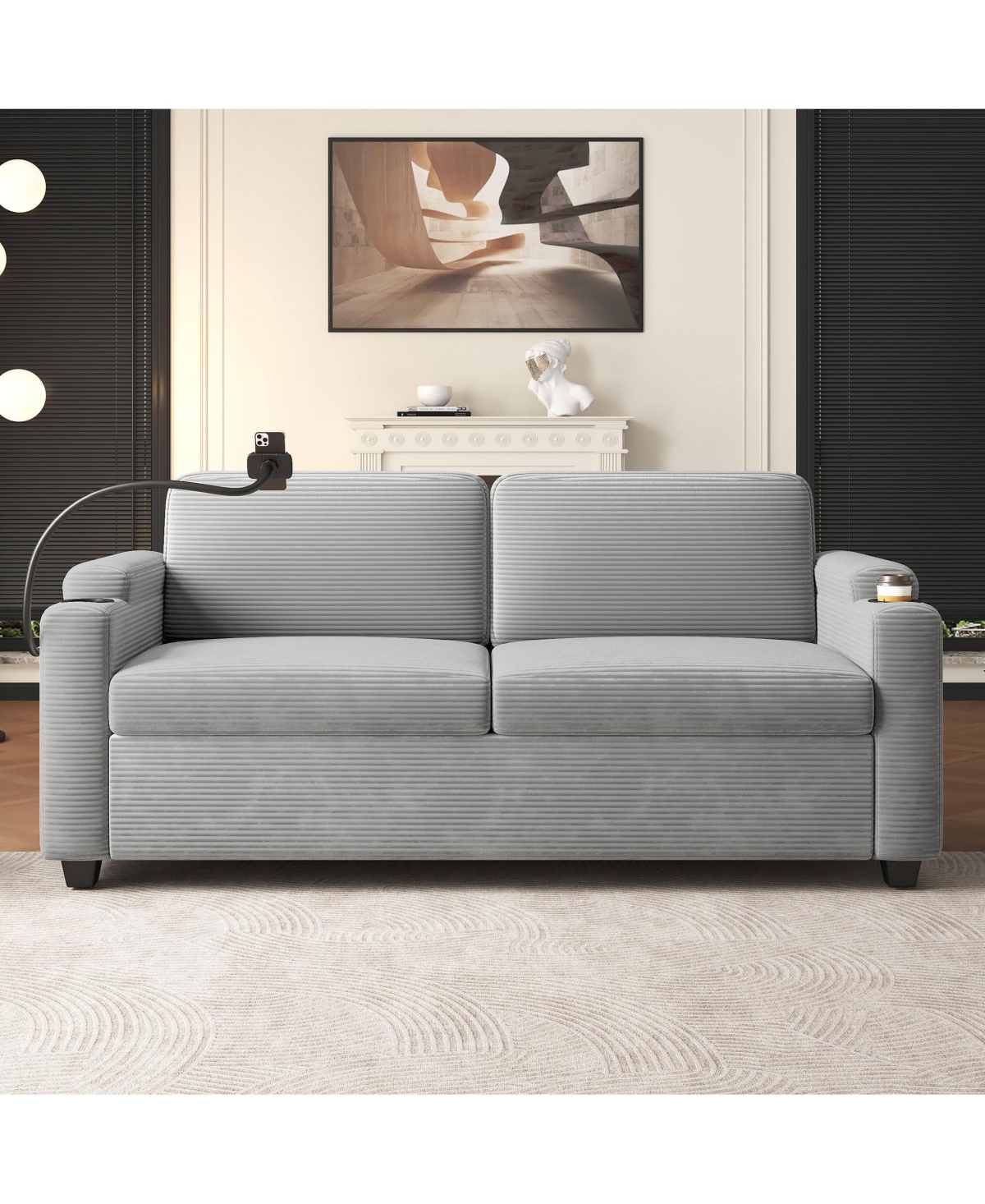 Boyel Living 72.8" Corduroy Sleeper Sofa Loveseat with Full Mattress, Two Usb Ports, Cup Holders, Side Pockets and a Phone Holder