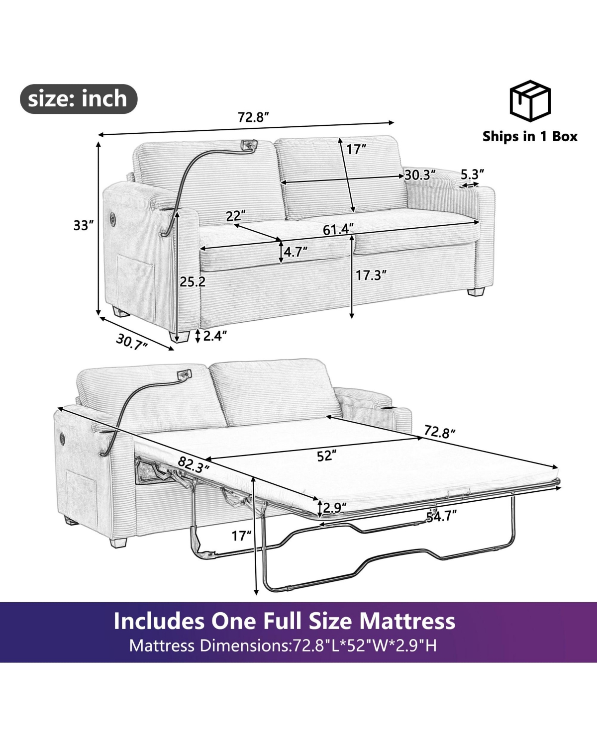 Boyel Living 72.8" Corduroy Sleeper Sofa Loveseat with Full Mattress, Two Usb Ports, Cup Holders, Side Pockets and a Phone Holder