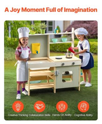 Mud Kitchen for Kids, Wooden Outdoor Playset, Pretend Kitchen with Stoves, Tank, Faucet, Storage Bag, Metal Baskets & Cookware