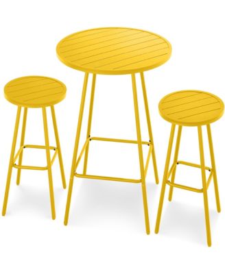 3-Piece Steel Patio Bar Height Round Bistro Set w/ Backless Stools, Slatted Design