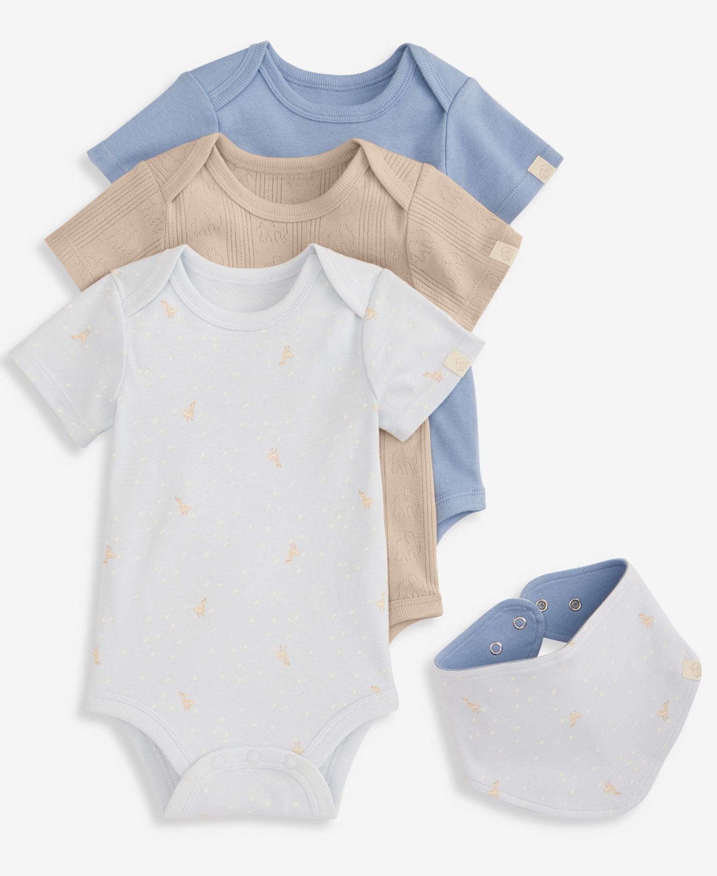 Детский набор First Impressions Everyday Baby Essentials: 3 хлопковых боди и нагрудник, цвет: Синий — фото 1