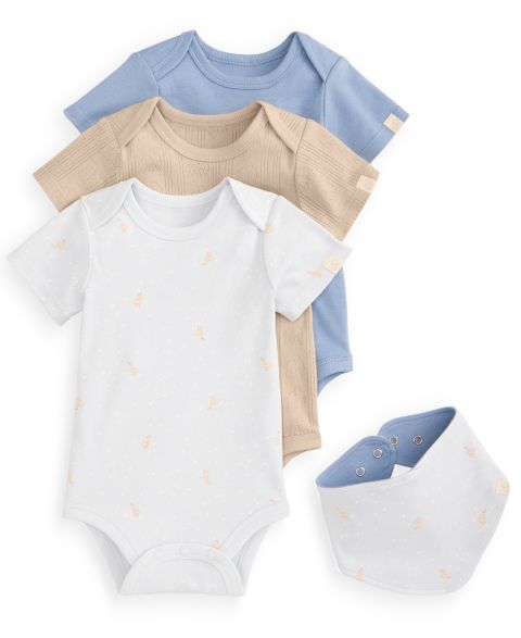 Детский набор First Impressions Everyday Baby Essentials: 3 хлопковых боди и нагрудник, цвет: Синий