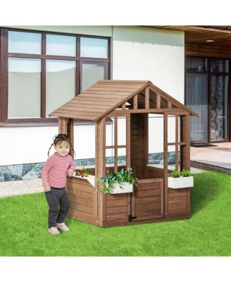 Outsunny wooden playhouse with door & windows, flowerpot holders, 46"x38", outdoor cottage for kids ages 3–8.