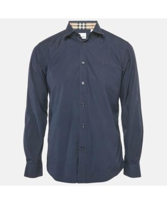 Men's Navy Blue Cotton Nova Check Cuffed Long Sleeve Shirt