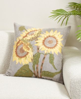 Embroidered Sunflower Poly Filled Decorative Pillow, 20" x 20"