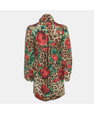 Women's Brown Leopard & Rose Print Silk Mini Dress