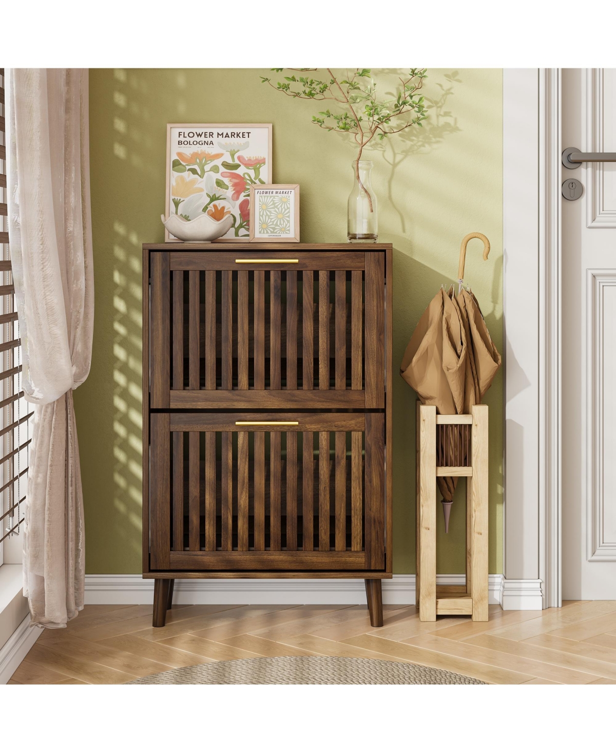 sumyeg Storage Cabinet Modern Walnut Shoe Cabinet with 2 Flip Drawers and Fence Design