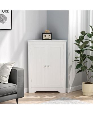 Freestanding Floor Corner Cabinet with 2 Doors and Adjustable Shelves Narrow Corner Storage Organizer for Bathroom