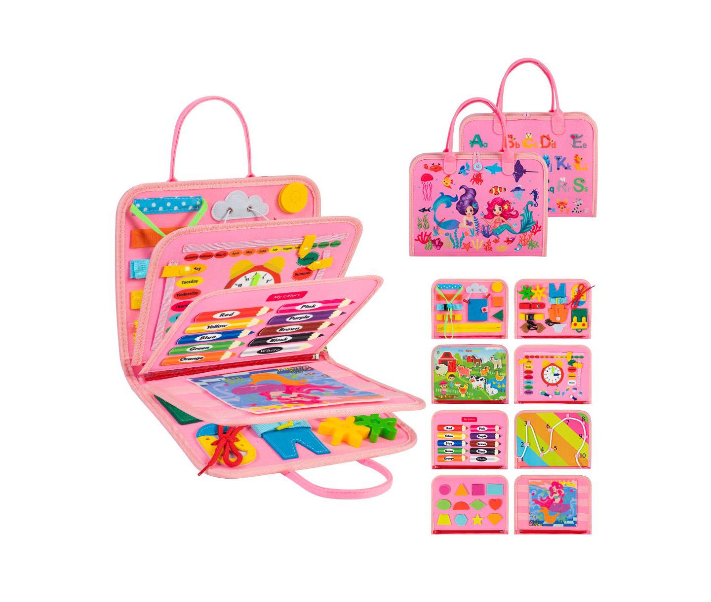 Детская игрушка Cowin Montessori 8-in-1 Travel Busy Board Interactive Book, Ages 1+, цвет: Розовый — фото 1