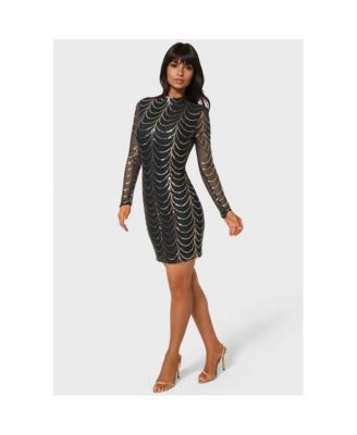 Women's Long Sleeve Sequin Mesh Mock Neck Mini Dress
