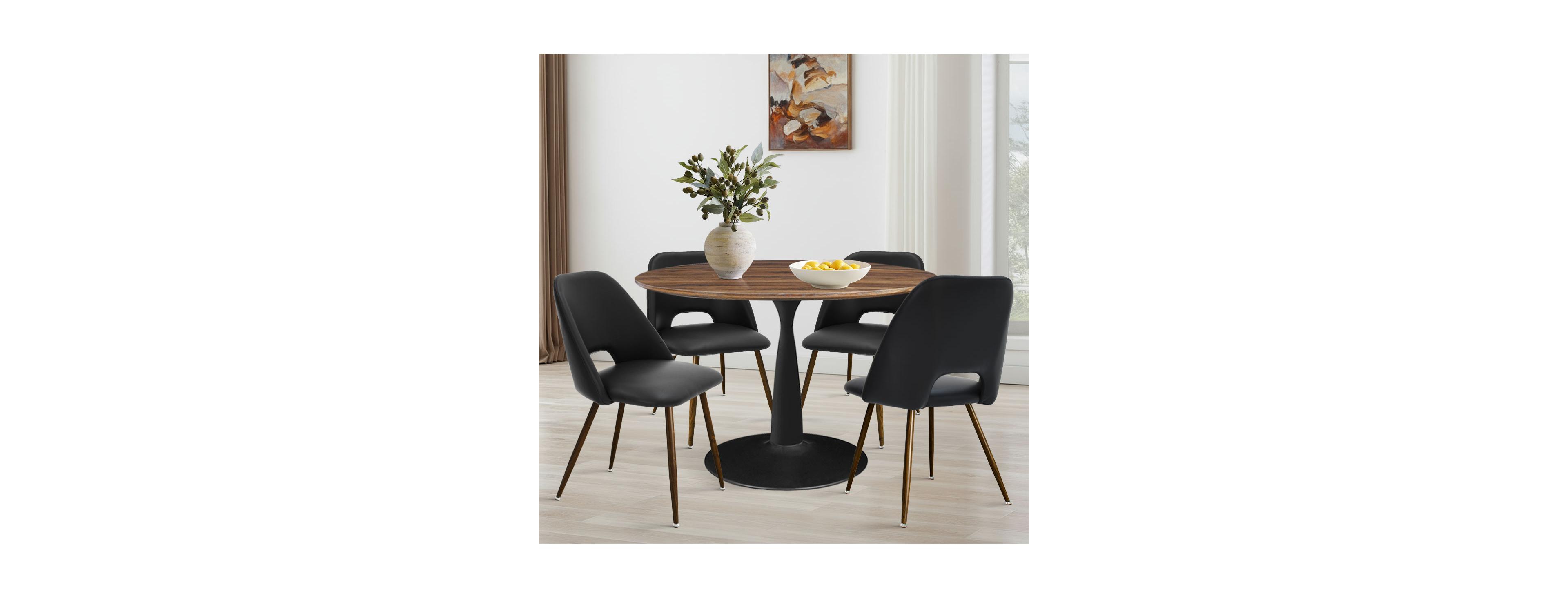 Maison Boucle 5-Piece Walnut Round Dining Table Set with Faux Leather Upholstered Chairs, Kitchen Table Set for Small Spaces