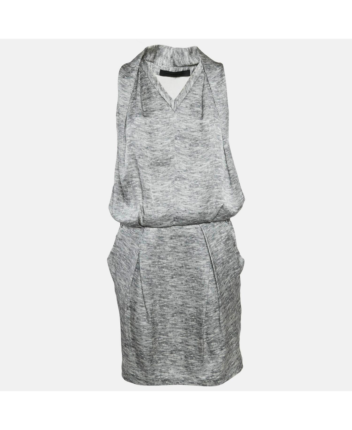 Women's Grey Silk V-Neck Sleeveless Short Dress