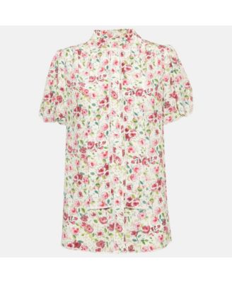 Women's Pink Floral Print Silk Short Sleeve Shirt