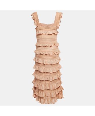 Women's Beige Stretch Knit Illustration Frilled Dress