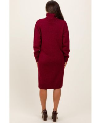Maternity Burgundy Turtleneck Side Slit Midi Sweater Dress