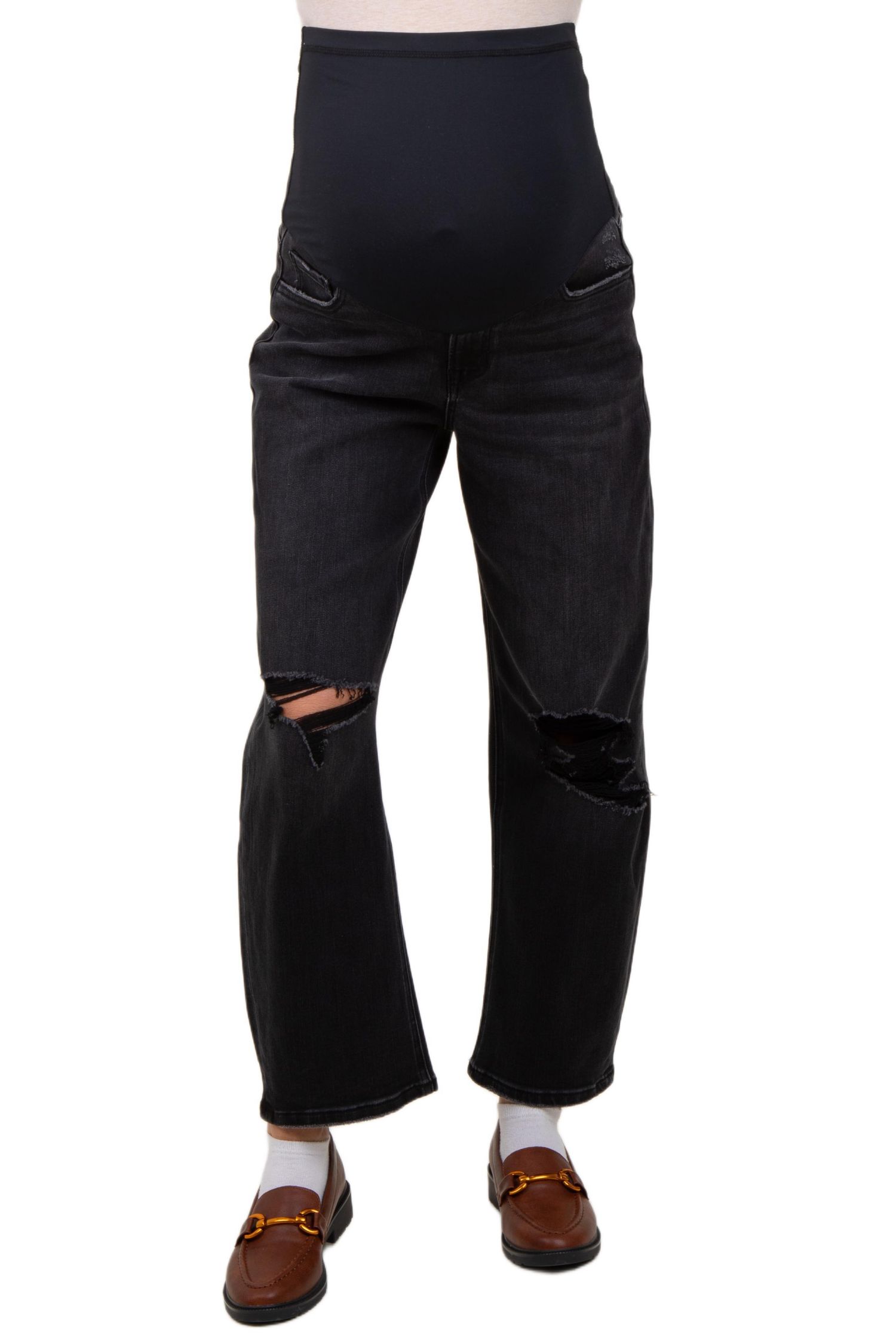 Women's Black Distressed Open Knee Cropped Barrel Jeans