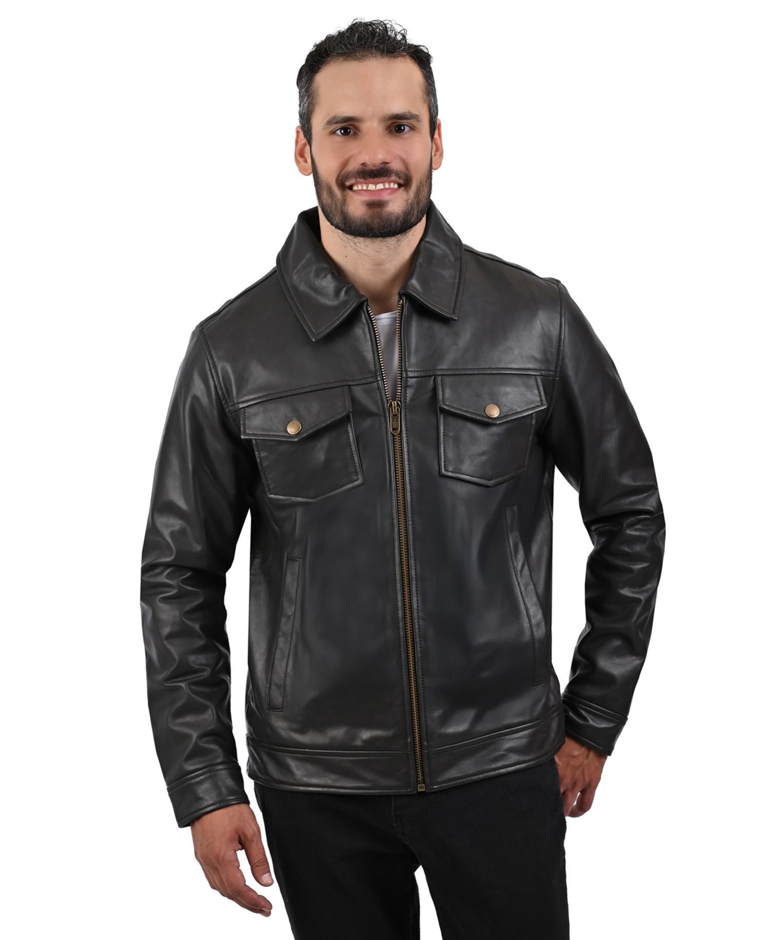 Men's Genuine Leather Regular-Fit Collared Neck Jacket