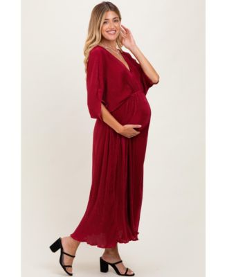 Maternity Burgundy Pleated Satin Dolman Sleeve Maxi Dress
