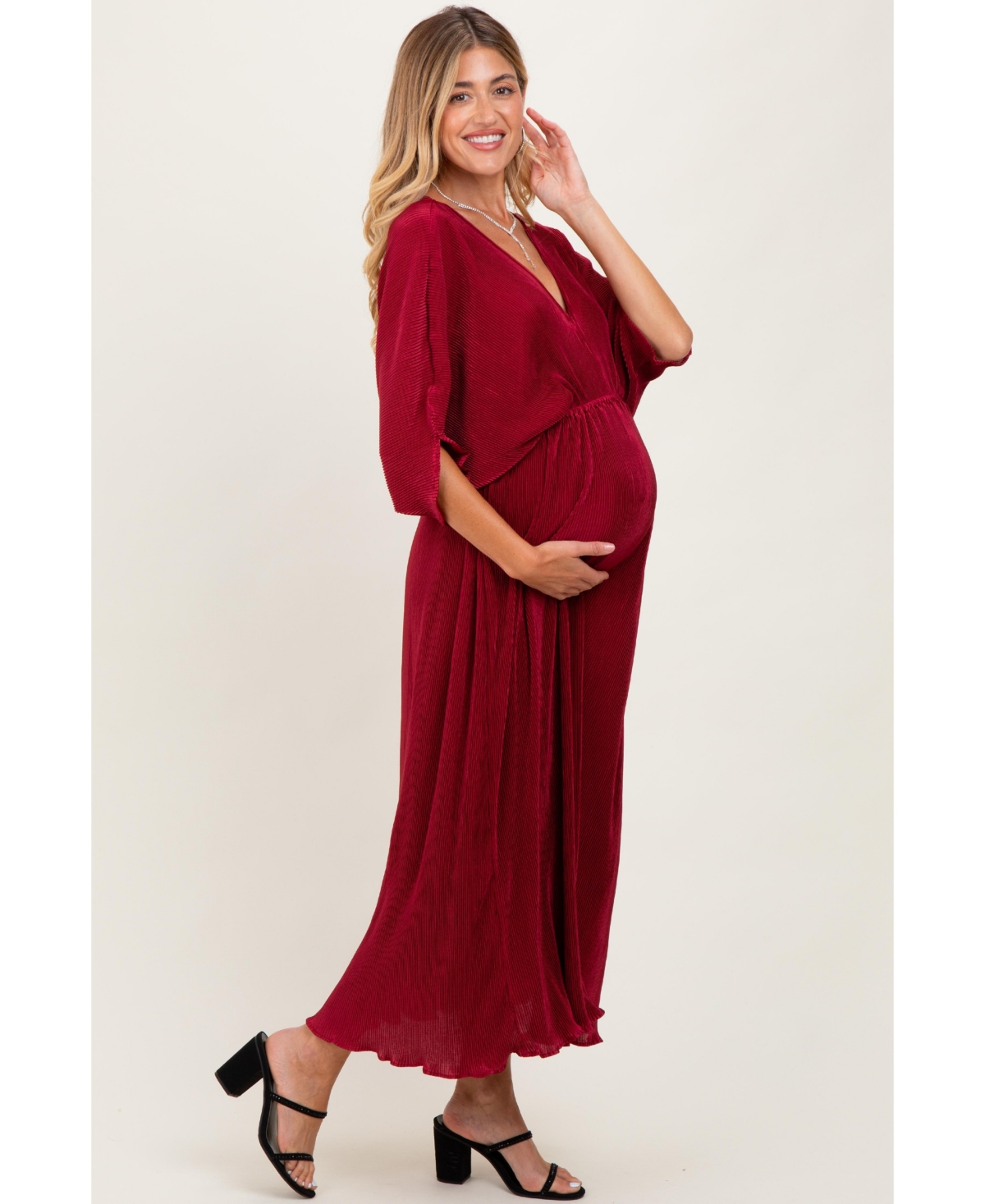 Pinkblush Maternity Burgundy Pleated Satin Dolman Sleeve Maxi Dress