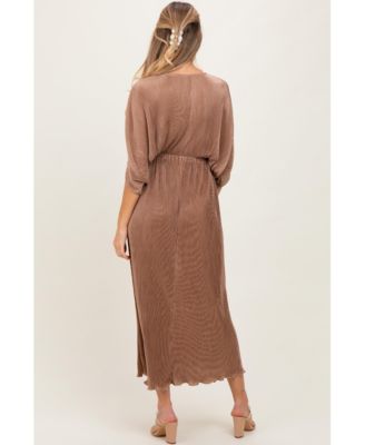 Maternity Burgundy Pleated Satin Dolman Sleeve Maxi Dress