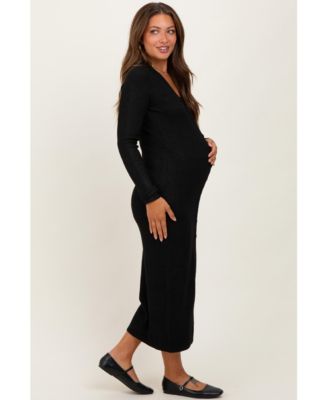 Maternity Black Ribbed Knit Button Down Long Sleeve Midi Dress