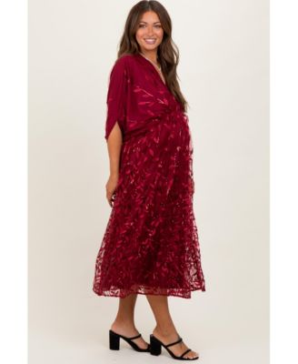 Maternity Dresses Light Gold Embroidered Tulle Dolman V-Neck Midi Dress