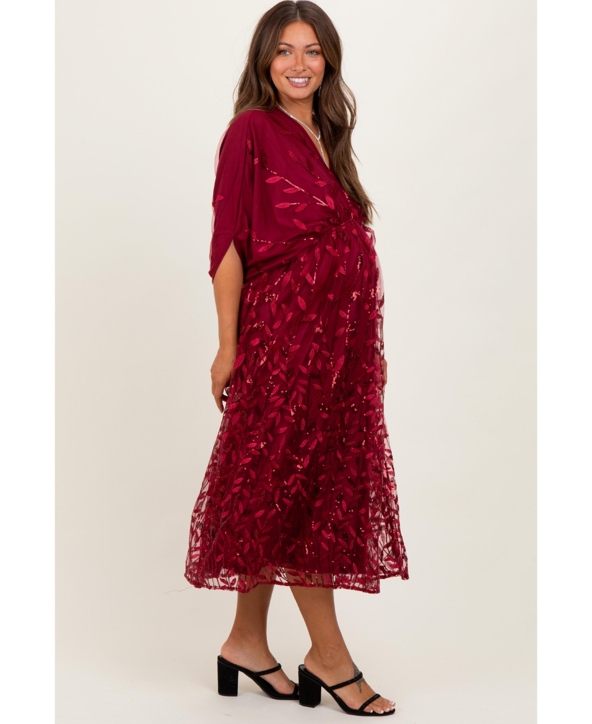 Pinkblush Maternity Dresses Light Gold Embroidered Tulle Dolman V-Neck Midi Dress