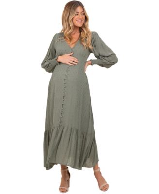 Women's Dusty Olive Swiss Dot Button Down Maxi Dress