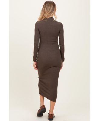 Maternity Brown Turtle Neck Long Sleeve Rib Fitted Midi Dress