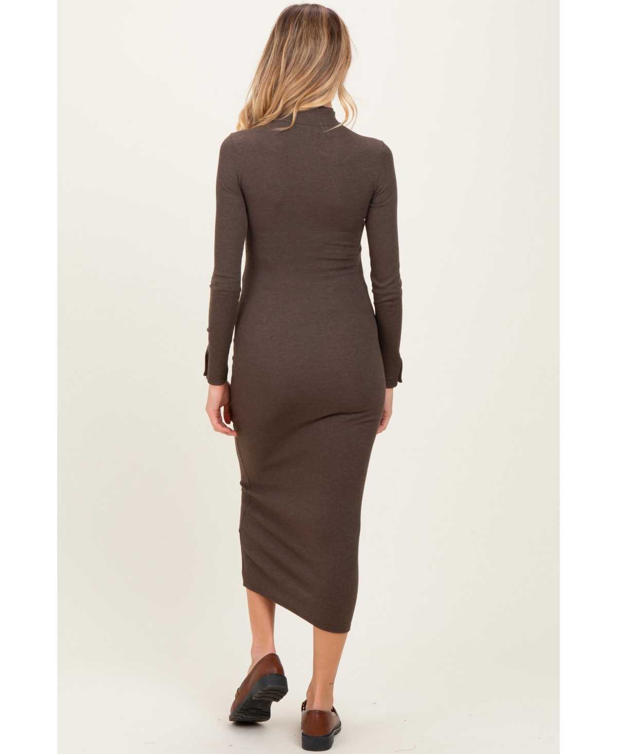 Pinkblush Maternity Brown Turtle Neck Long Sleeve Rib Fitted Midi Dress