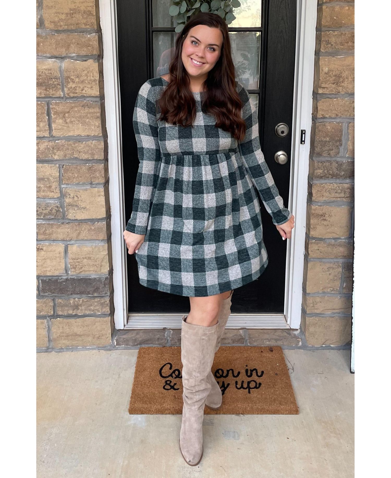 Women's Forest Green Plaid Knit Dress