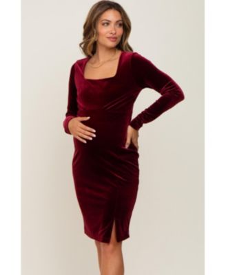 Maternity Velvet Long Sleeve Side Slit Dress