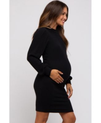 Maternity Black Ribbed Long Sleeve Mock Neck Dress