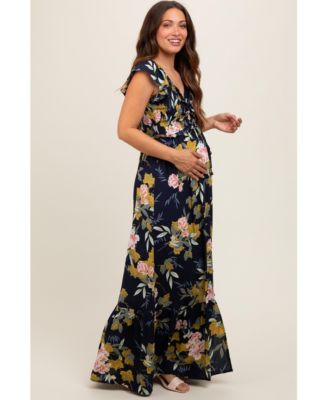 Maternity Navy Floral Smocked Cinched Top Maxi Dress