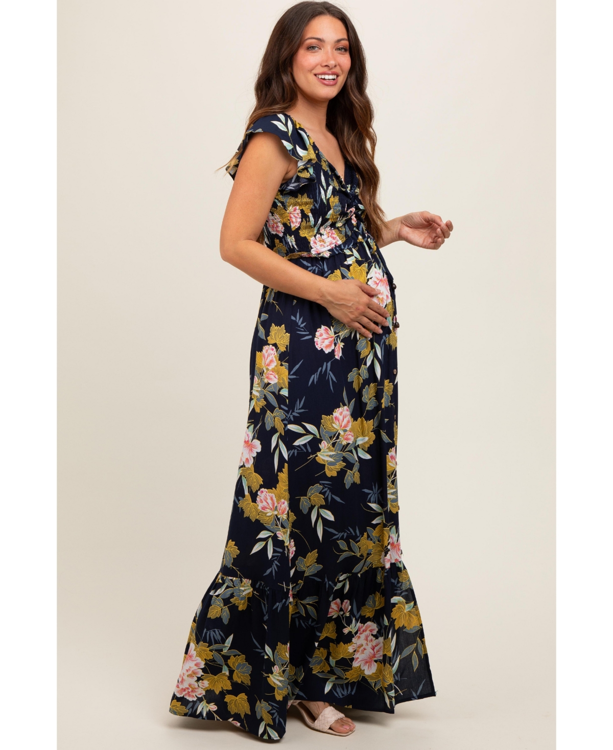 Pinkblush Maternity Navy Floral Smocked Cinched Top Maxi Dress