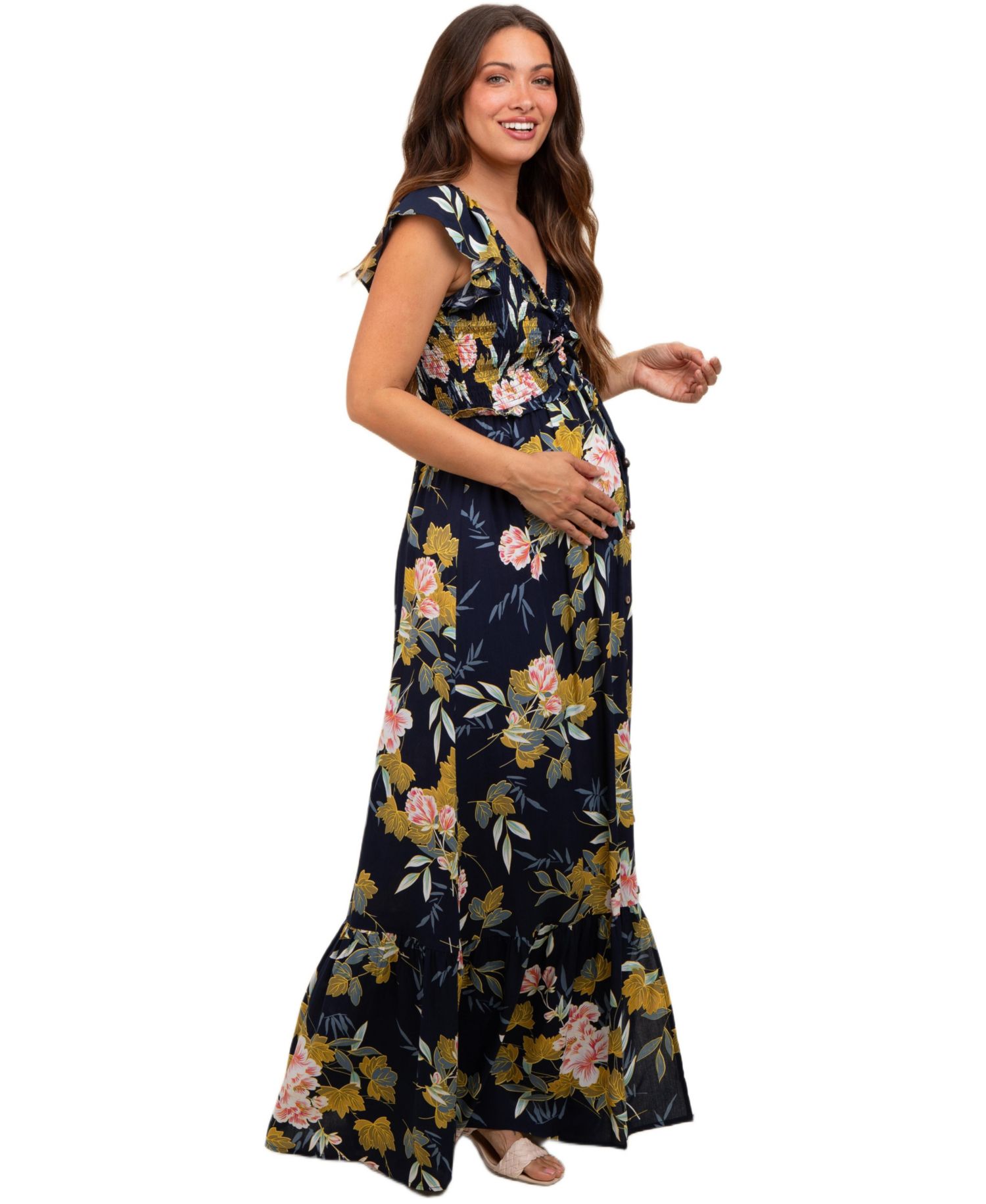 Women's Navy Floral Smocked Cinched Top Maxi Dress