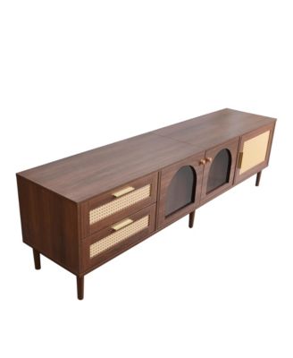 Rattan TV Stand with 3 Cabinets & 2 Drawers Media Console Table for TVs up to 80" with LED Light