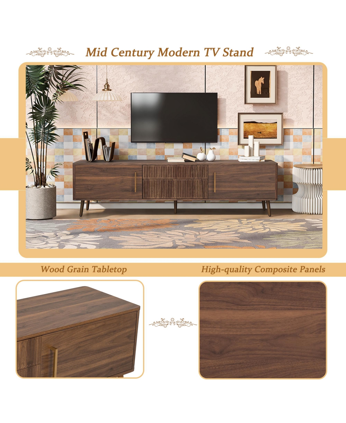 Casainc Mid Century Tv Stand with 2 Drawers, Media Console Table for TVs up to 80" with Storage