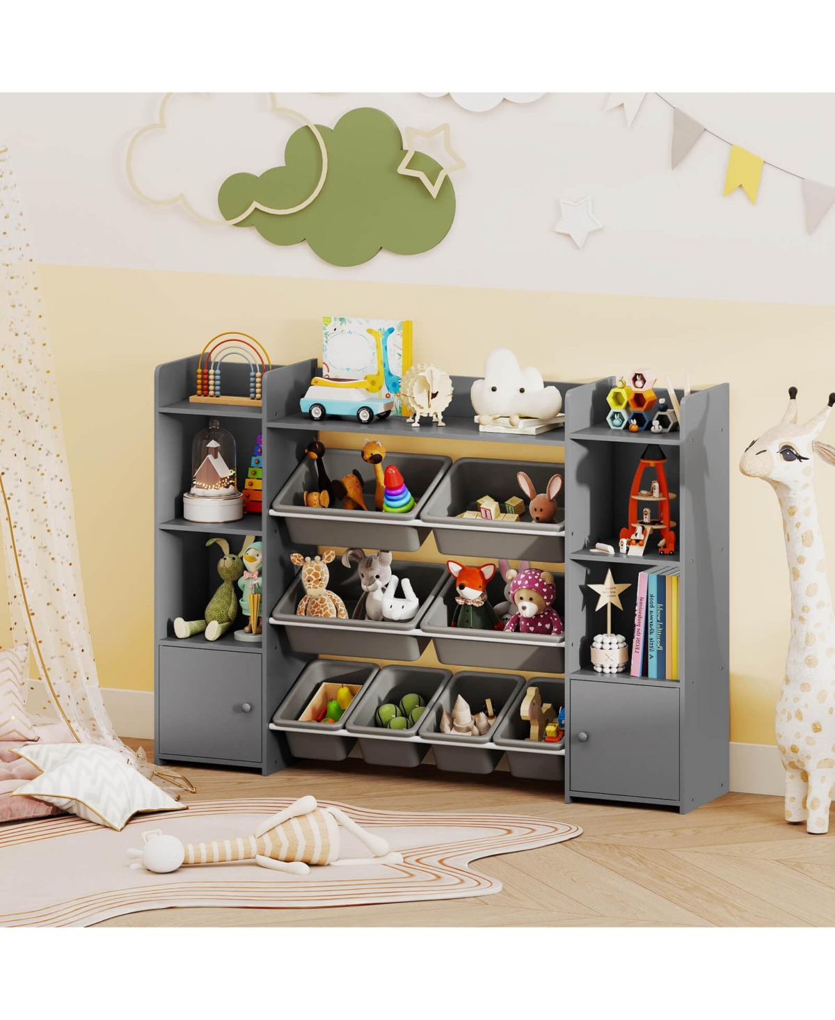 4-Tier Large Storage Cabinet with 6 Cubbies & 8 Removable Bins Bookshelf