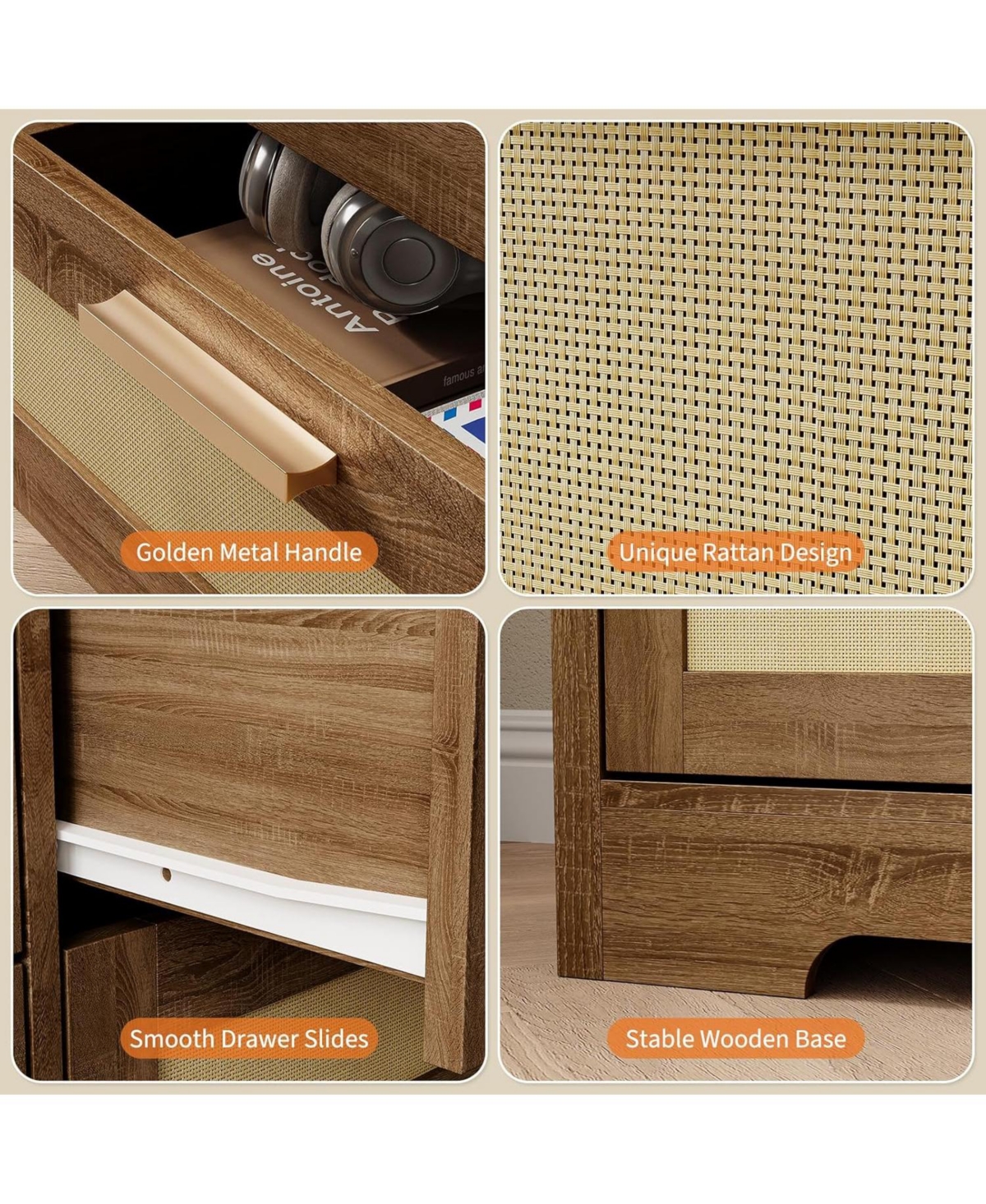 12-Drawer Rattan Bedroom Dresser, Modern Wood Storage Chest with Woven Panel Fronts for Nursery, Entryway, or Living Room, Natural