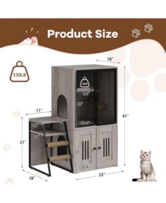 2-in-1 Cat Litter Box Enclosure Furniture with Doors, Double Layer Cat House & Storage Cabinet