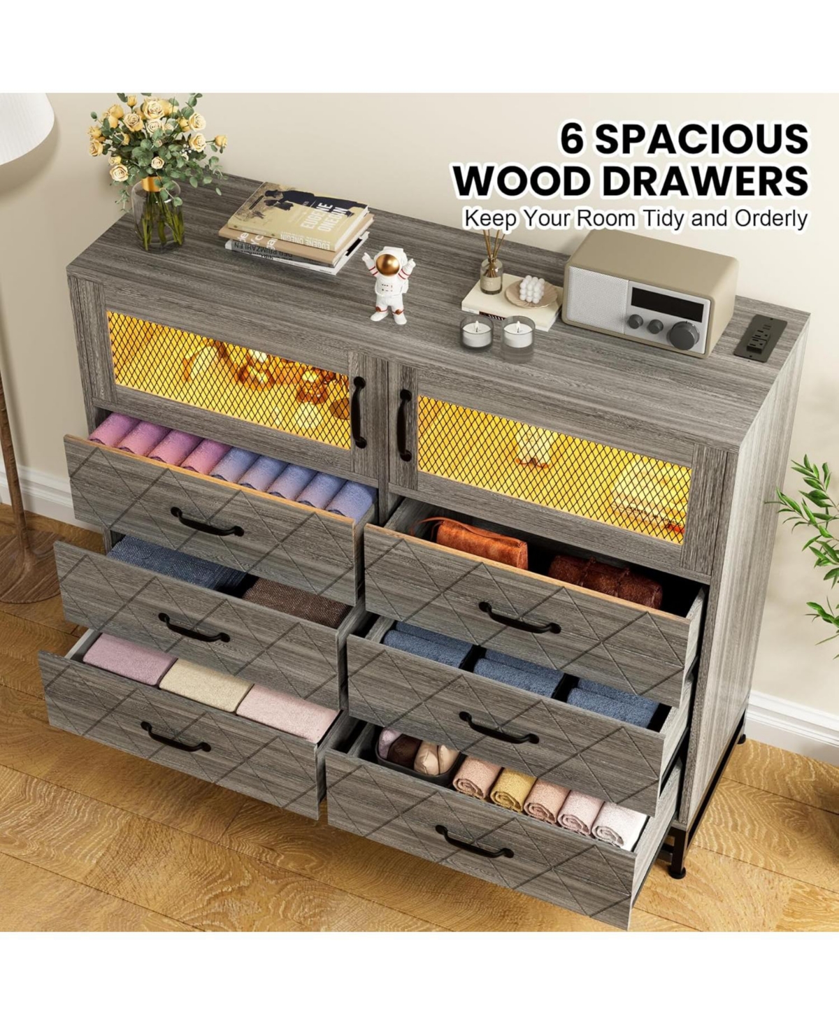 Gaomon 6-Drawer Wood Bedroom Dresser with Led Lights & Charging Station