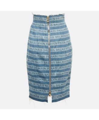 Women's Blue Striped Logo Raw Edge Denim Skirt