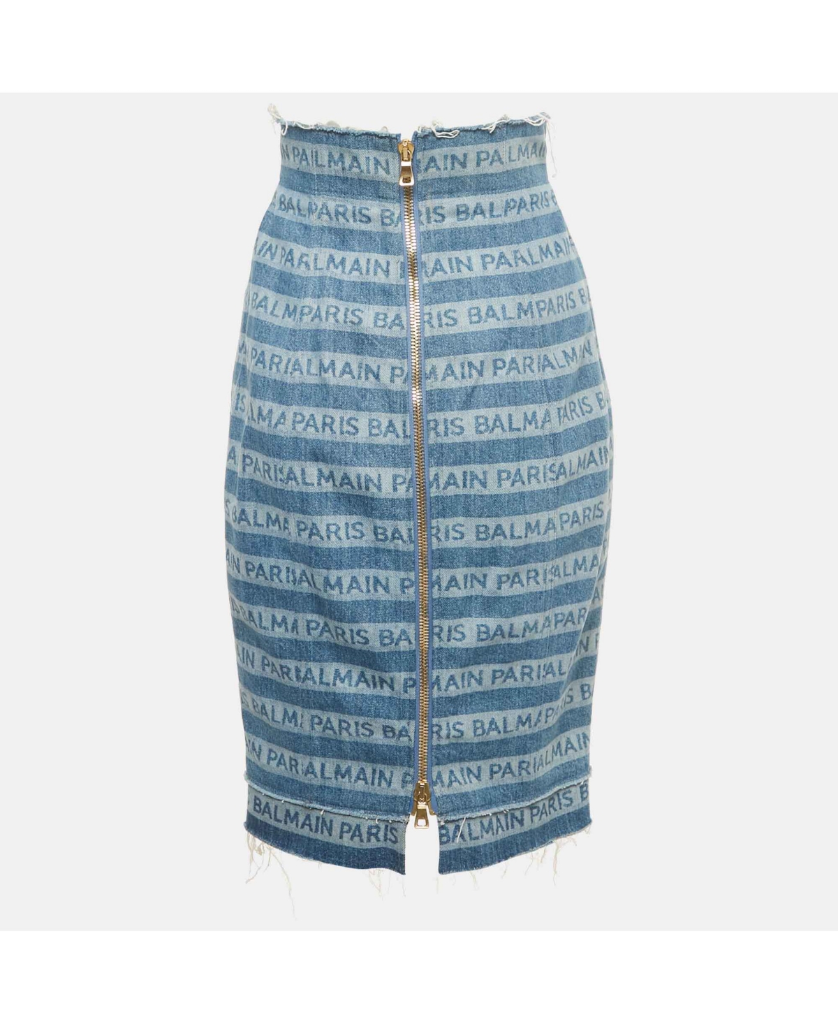 Pre-Owned Balmain Women's Blue Striped Logo Raw Edge Denim Skirt